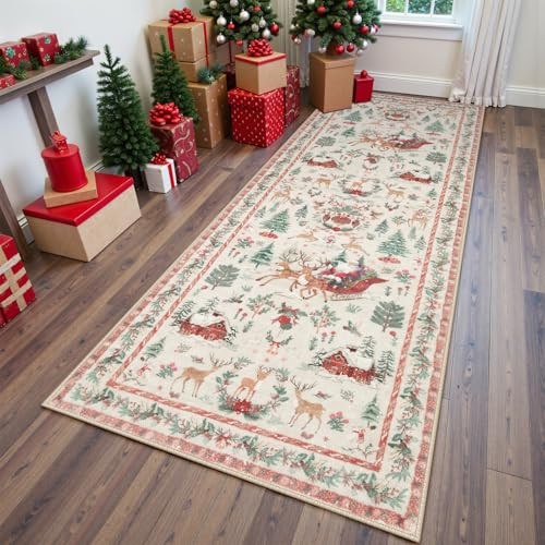 Lahome Christmas Runner Rug 2x8 Beige Rug Runners for Hallways Non Slip,Washable Kitchen Bathroom Runner Rug,Soft Christmas Tree Santa Claus Carpet Runner for Entryway Holiday Decor(2'x8',Beige) | Amazon (US)