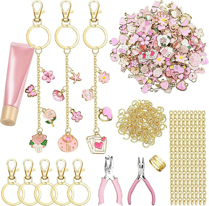 X-Kingsun 303Pcs DIY Lip Gloss Charms Keychain Kit 100 Pink Charms 20 Keychains 140 Jump Rings 20... | Amazon (US)
