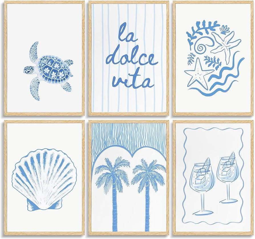 Piyrubu 6 Pcs Blue Beach Theme Posters Wall Art,coastal granddaughter Canvas Wall Decor,Starfish\... | Amazon (US)