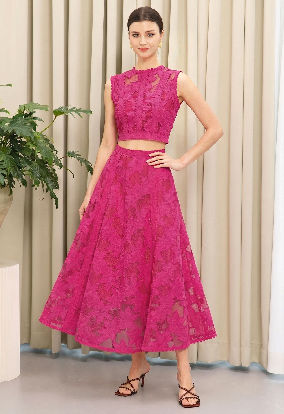 Serene Floral Grid Lace Sleeveless Top and Maxi Skirt Set in Magenta for Outdoor Weddings & Vacat... | Chicwish