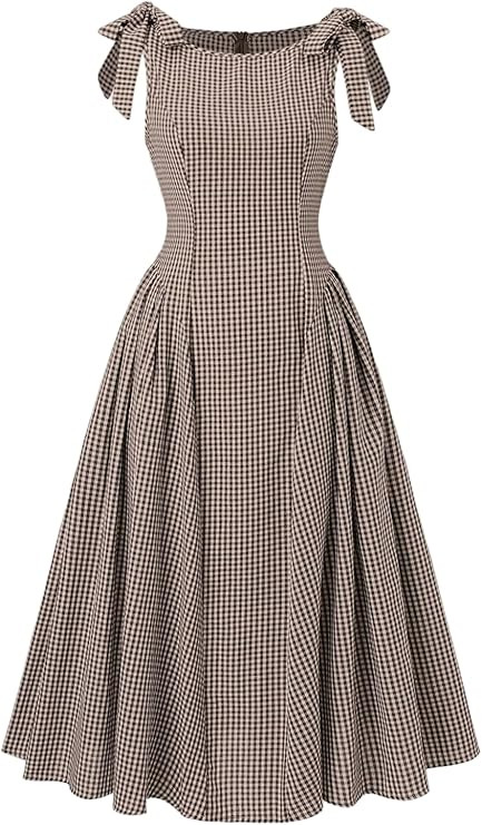 SweatyRocks Women's Vintage Plaid Dresses Bow Shoulder Checkered Boat Neck Ruffle A Line Dress | Amazon (US)