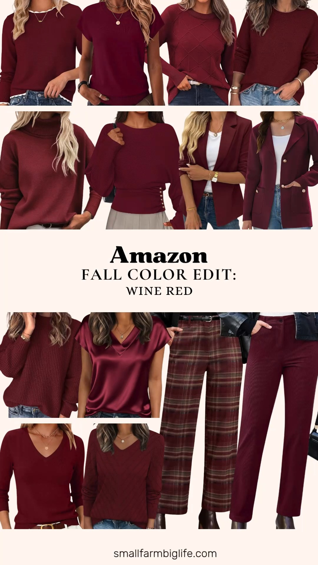 Fall Color Edit: Wine Red. Deepening the palette this season with rich burgundy and wine tones from Amazon, perfect for layering through fall and into winter.

This burgundy chunky knit oversized sweater is a slouchy, crewneck staple with a loose fit that's great for business casual or holiday outfits. For something more fitted, the wine red reglan sleeve crewneck sweater has color block detailing and ribbed cuffs for daily office wear, and the wine red crewneck knit pullover is a soft, casual basic. For warmer days, the wine red short sleeve crewneck sweater and the wine red scalloped cropped sweater both bring in business casual polish with a shorter, cozy silhouette.

This wine red turtleneck chunky knit pullover has a trendy high low hem, perfect for fall and winter layering. For dressier occasions, the wine red satin V neck blouse is smooth and versatile for business, office, or going out looks. The wine red batwing sleeve cinched waist sweater adds side button detail for a trendy, structured silhouette, while the wine red V neck knit pullover and wine red wool blend lightweight sweater are both easy, versatile basics for daily wear.

On the bottom half, these wine red corduroy pants have a high waisted, straight leg fit that's stretchy and comfortable for fall and winter, or try the wine red and khaki plaid wide leg trousers for a tartan pattern with an elastic waist. For outerwear, this wine red stretchy suit blazer has a notch lapel for interviews and capsule wardrobe basics, and the wine red sweater blazer is an open front knit jacket that layers easily over any of these pieces.

All in that deep wine and burgundy palette this fall. Shop the full collage below and let me know your favorite piece.

#falloutfitinspo #winered #burgundy #amazonfashionfinds #fallcolorpalette #businesscasualoutfits #amazonfinds 

 #LTKootd #LTKOver40 #LTKWorkwear