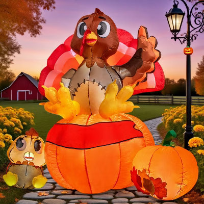 Joyfy 6 ft Thanksgiving Inflatable Turkey with LED Light Up, Blow Up Turkey on Pumpkin Decoration for Thanksgiving Autumn Yard Garden Decor | Target
