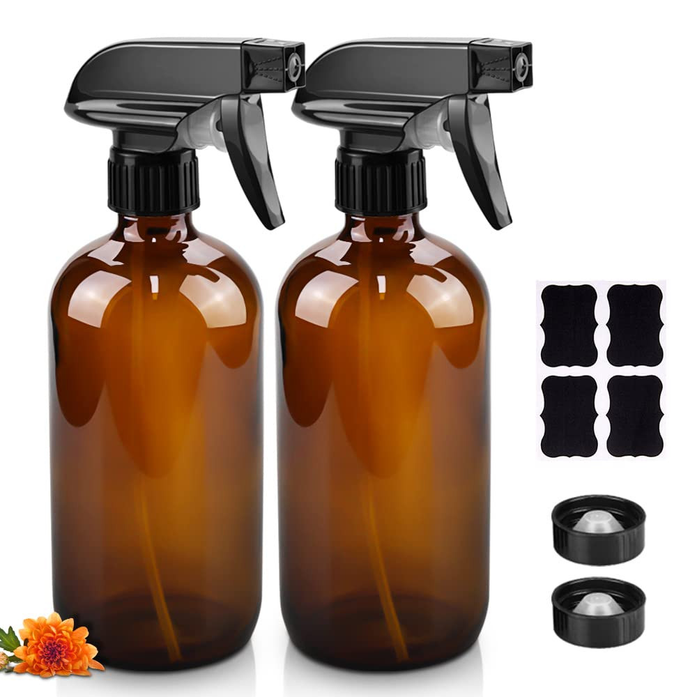 Glass Spray Bottles, 16oz Refillable Containers, Empty Boston Round Bottles with Labels & Adjusta... | Amazon (US)