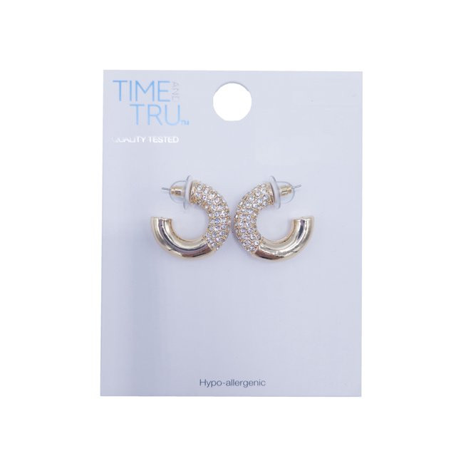 Time & Tru Ladies Rhinestone Hoop Earring, Gold Metal Earring, Hoop Style, Half Earring in Clear ... | Walmart (US)