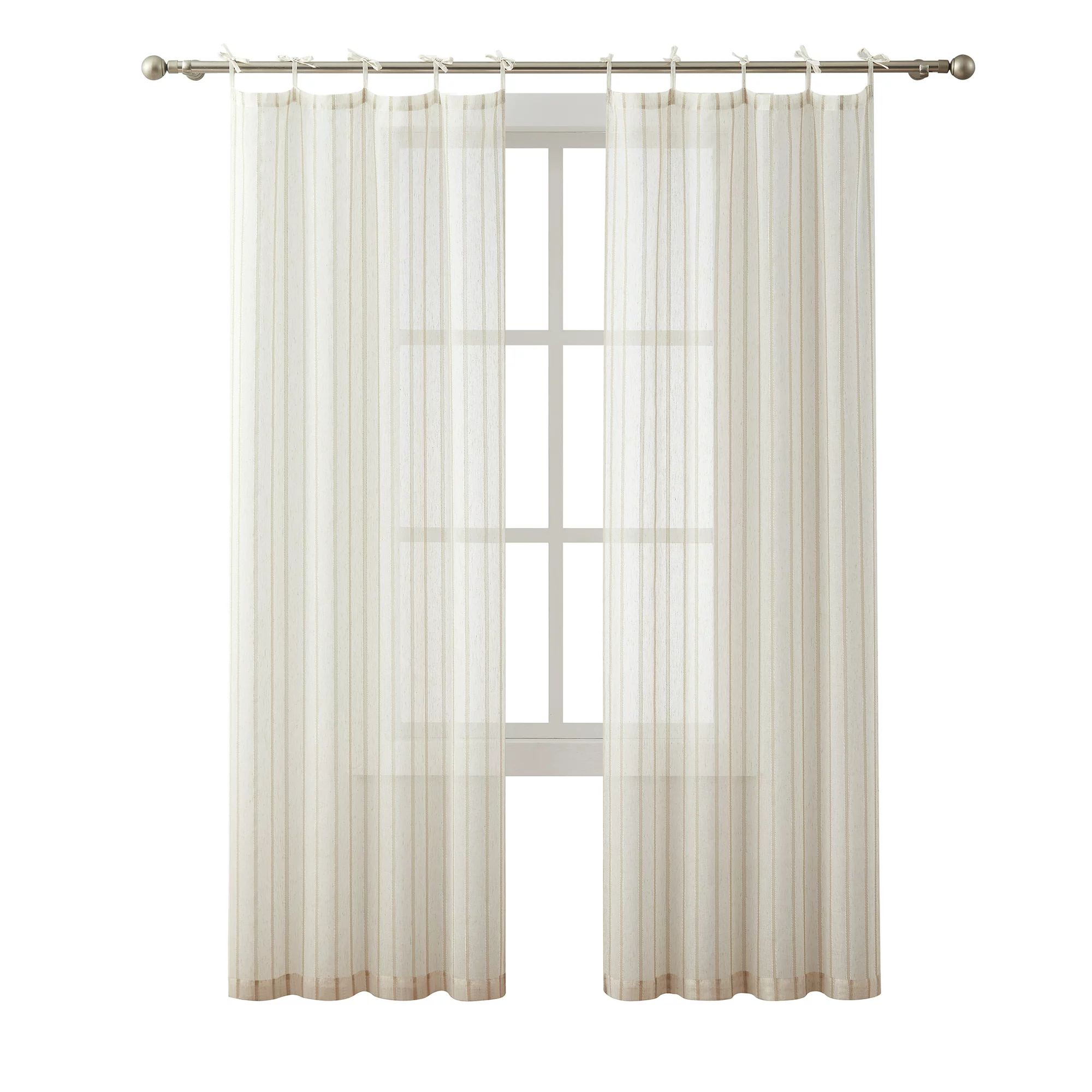 My Texas House Emerson Linen Stripe Light Filtering Tie Top Curtain Panel Pair, Taupe, 76" x 106" | Walmart (US)