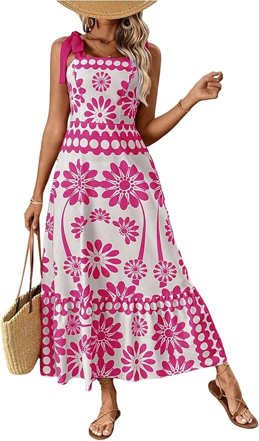 Floerns Women's Vintage Sleeveless Tie Shoulder Sundress Floral Print Cami Maxi Dress | Amazon (US)