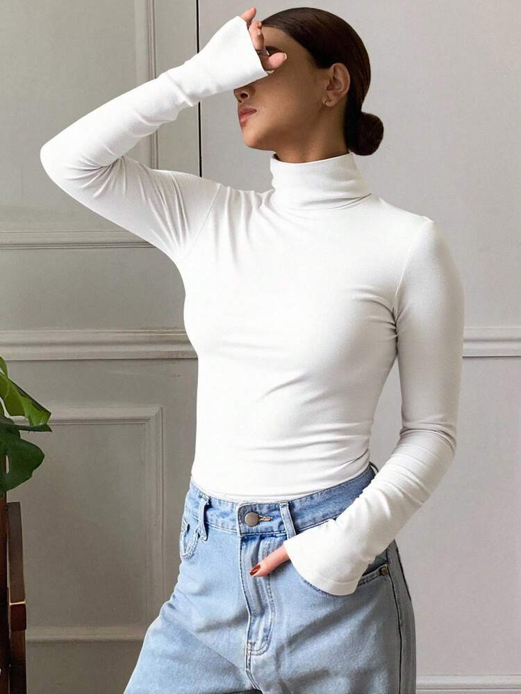 Livesso Women's Turtle Neck Ruched Long Sleeve T-Shirt | SHEIN