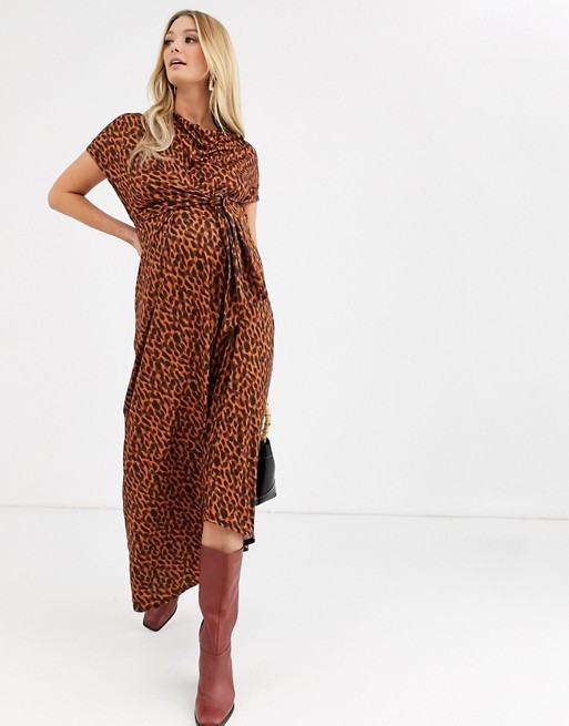 ASOS DESIGN Maternity cowl neck tie waist midi dress in tortoiseshell print | ASOS US