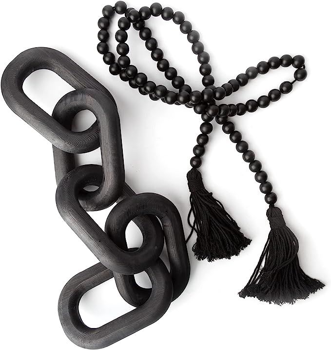 Wood Bead Garland and Chain Link Decor | Black Decorative Boho Farmhouse Wooden Tassel Beads for ... | Amazon (US)
