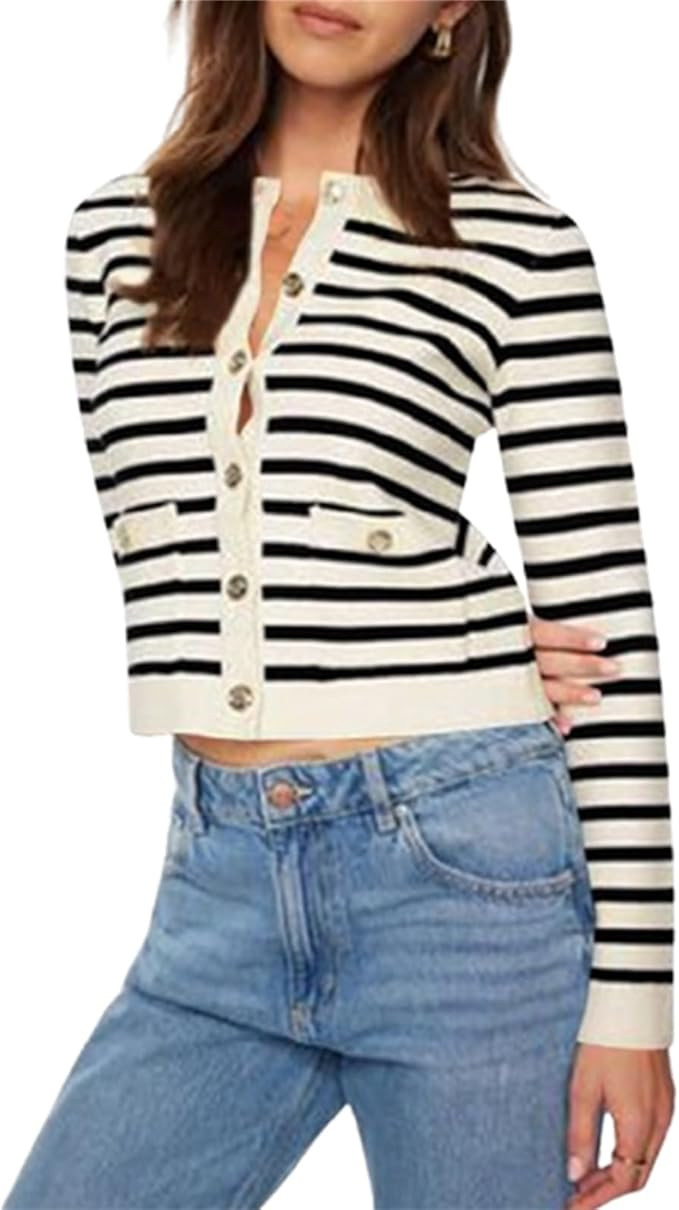 Women Striped Knit Cardigan Button Down Sweater Long Sleeve Open Front Knit Jackets Going Out Fal... | Amazon (US)