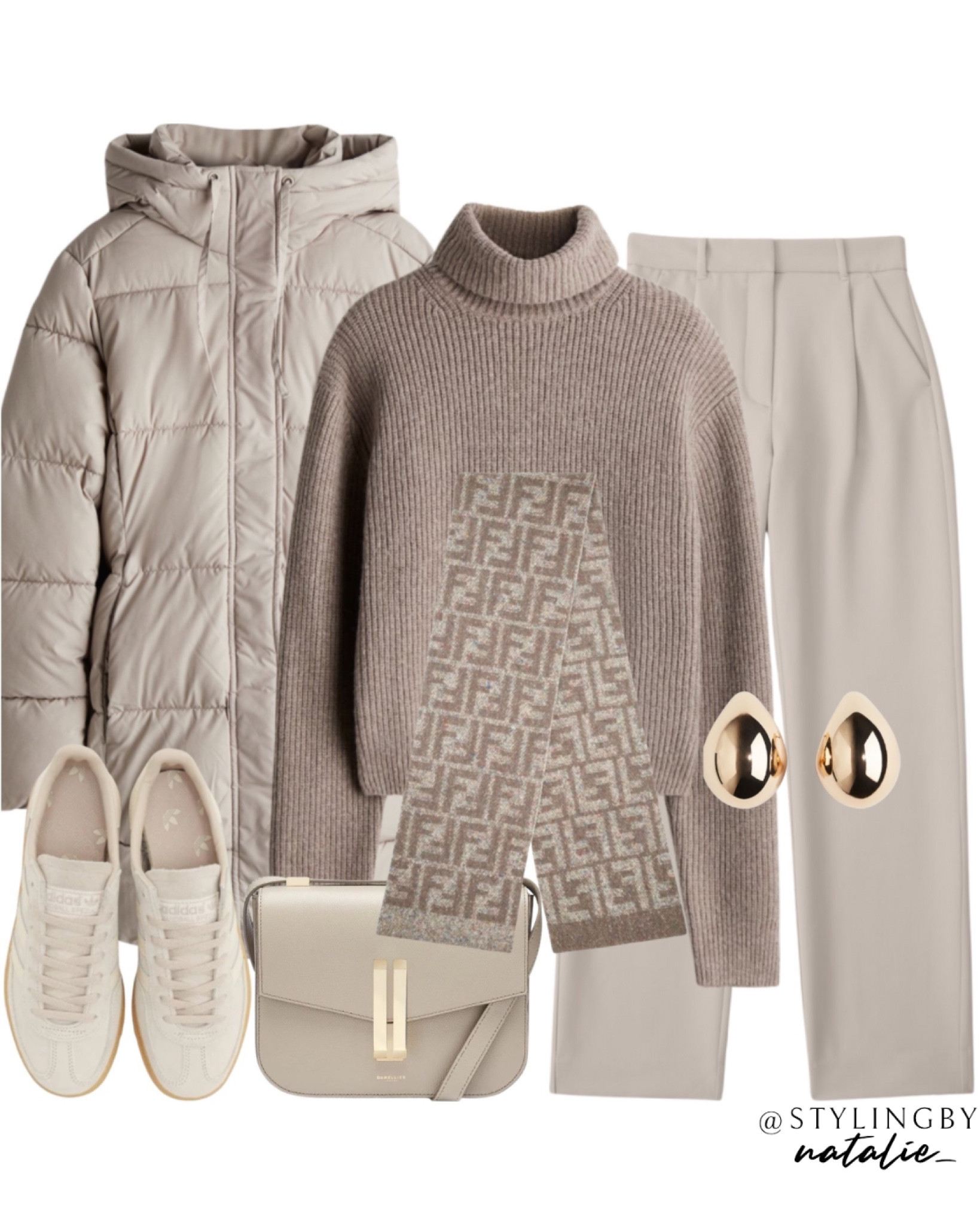 Hooded puffer coat, ribbed knit turtleneck jumper, tailored trousers, Adidas Spezial trainers in beige, fendi logo scarf, Demellier crossbody bag. Beige outfit, knitwear, winter coat, winter outfit.

#LTKmidsize #LTKwinter #LTKautumn