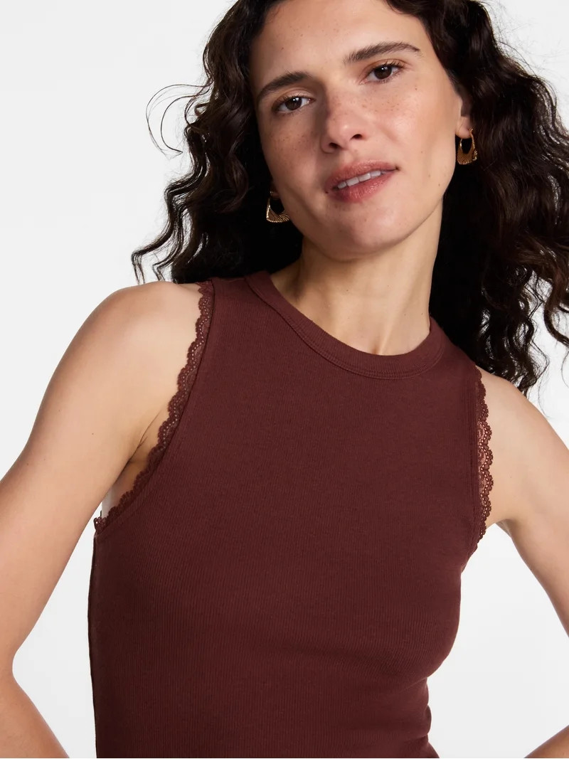 Scenario Women's Ribbed Tank Top with Lace Trim, Sizes XS-XXXL | Walmart (US)