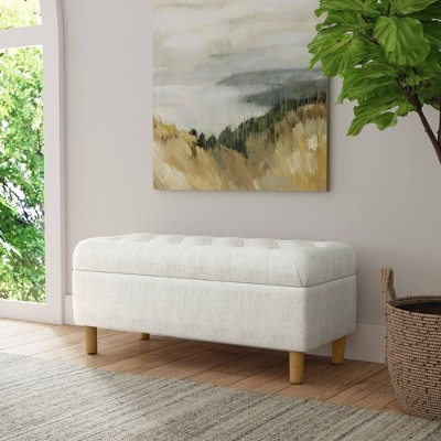 Button Tufted Storage Bench with Cone Wood Legs Cream - HomePop: Hinged Lid, Honey Oak Finish, Polyester Upholstery | Target