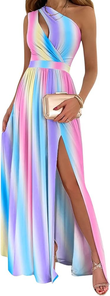 Franhais Women One Shoulder Hollow Out Long Dress Sleeveless Ruched High Waist Slit Pleated Hem P... | Amazon (US)