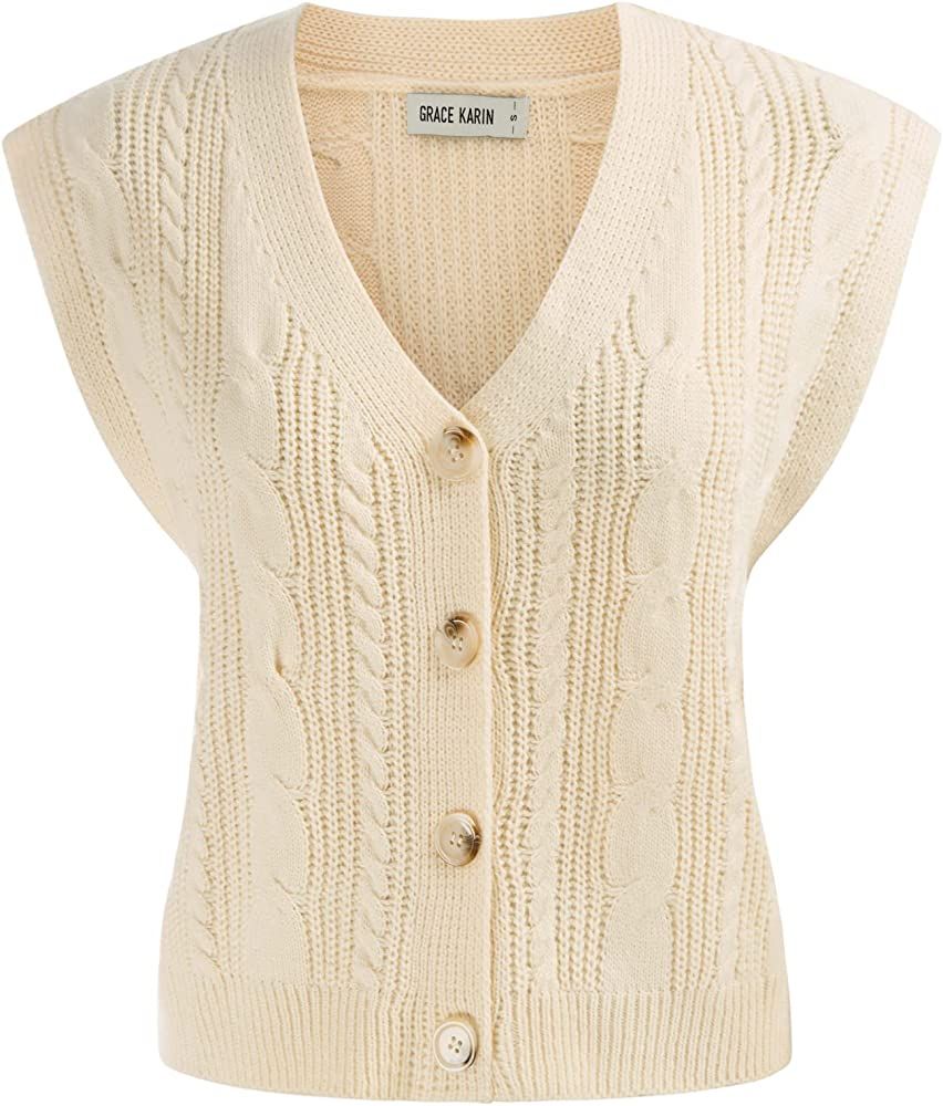 GRACE KARIN Women's Sweater Vest V Neck Button Down Cable Knit Casual Solid Cardigan Outwear (S-2... | Amazon (US)