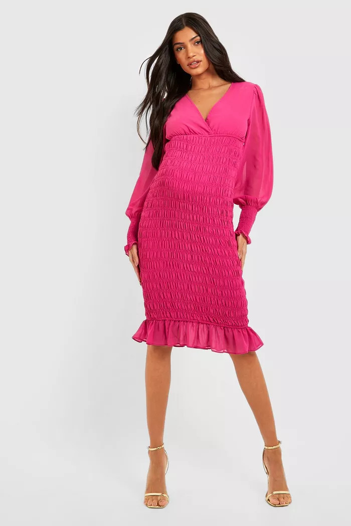 Maternity Shirred Wrap Midi Dress | Boohoo.com (US & CA)