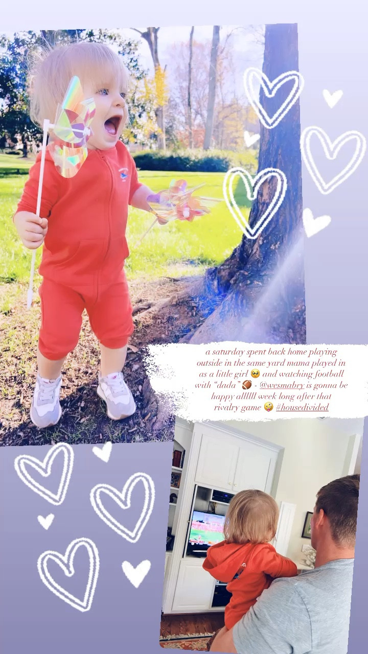 a saturday spent back home playing outside in the same yard mama played in as a little girl 🥹 and watching football with “dada” 🏈 - @wesmabry is gonna be happy allllll week long after that 
rivalry game 🤪 #housedivided 

#LTKfamily #LTKbaby