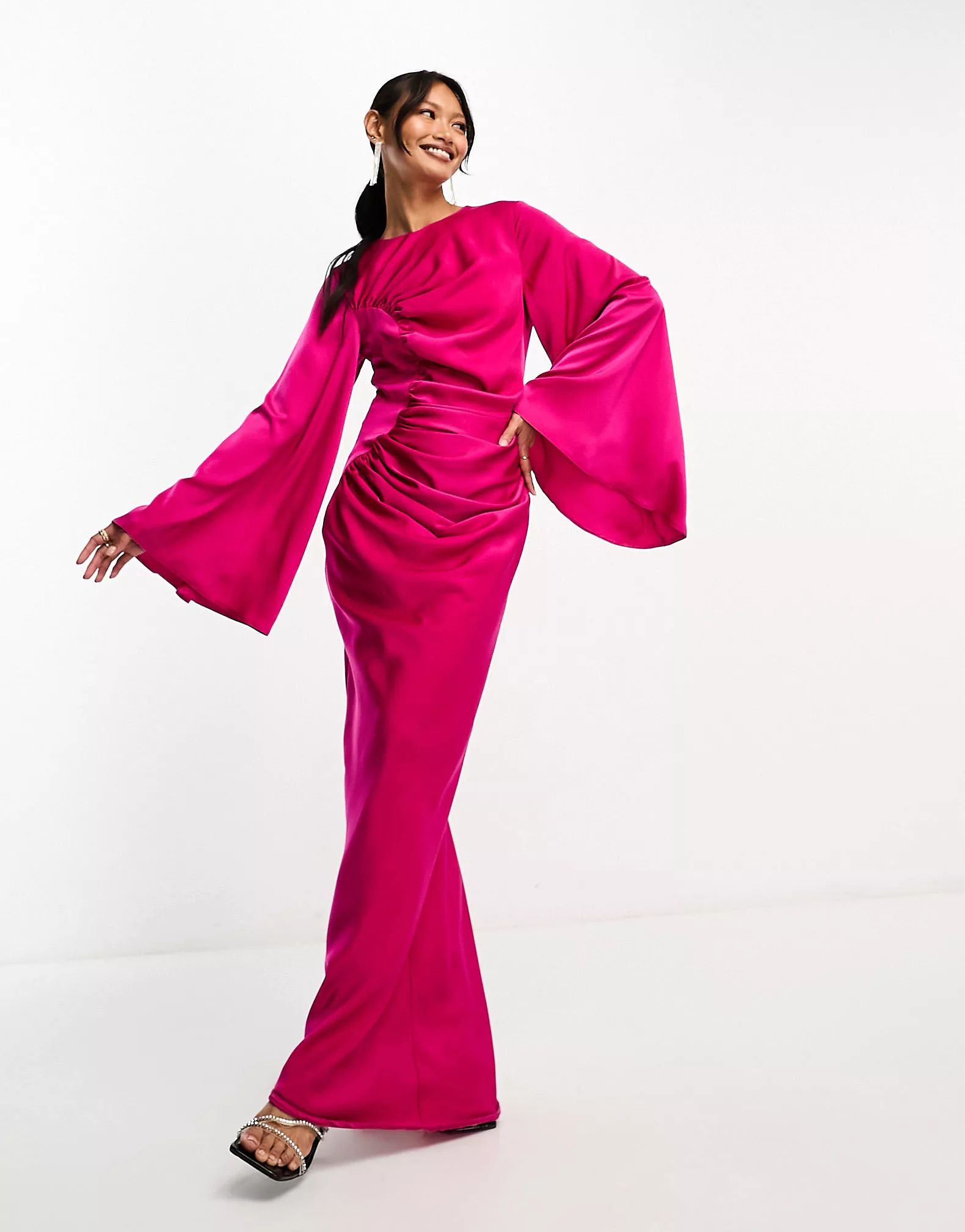 ASOS DESIGN long sleeve ruched satin maxi dress in bright pink | ASOS (Global)