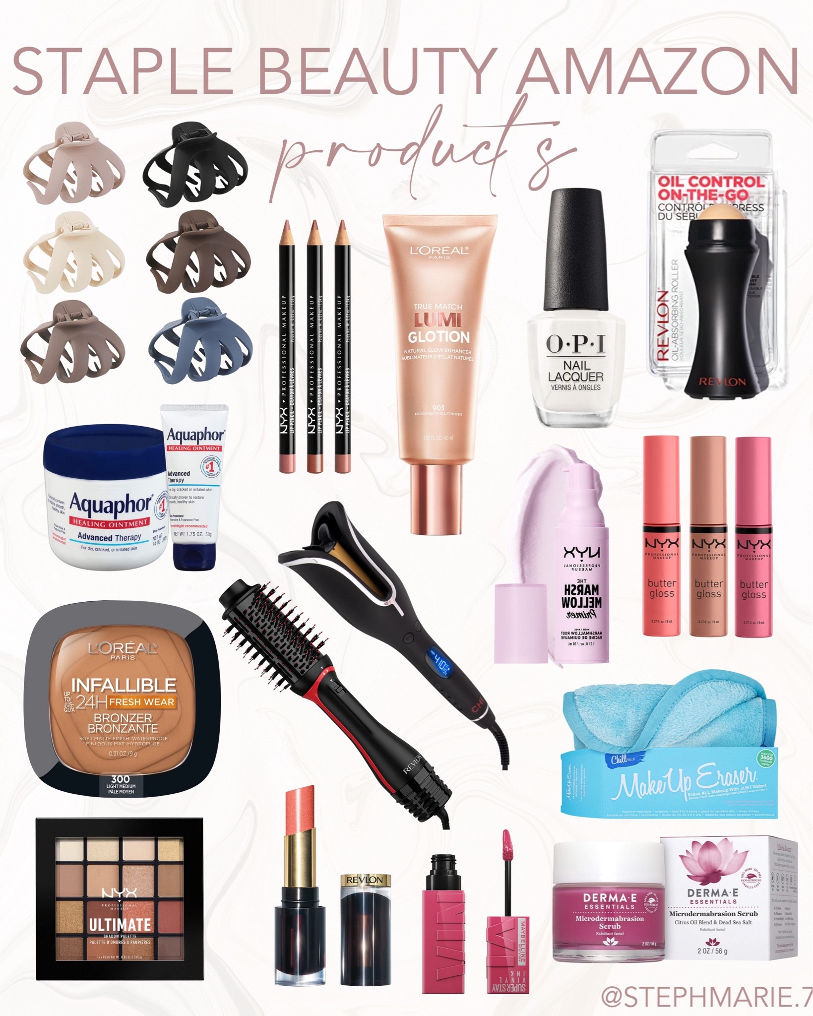 staple beauty products from amazon / favorite beauty items / claw clips / hair curler / revelon blow out brush / makeup remover pads / nyx marshmallow primer / nyx lip gloss / opi gloss / auquaphor / revelon lip stick / nyx eyeshadow 

#LTKbeauty #LTKSeasonal #LTKHoliday