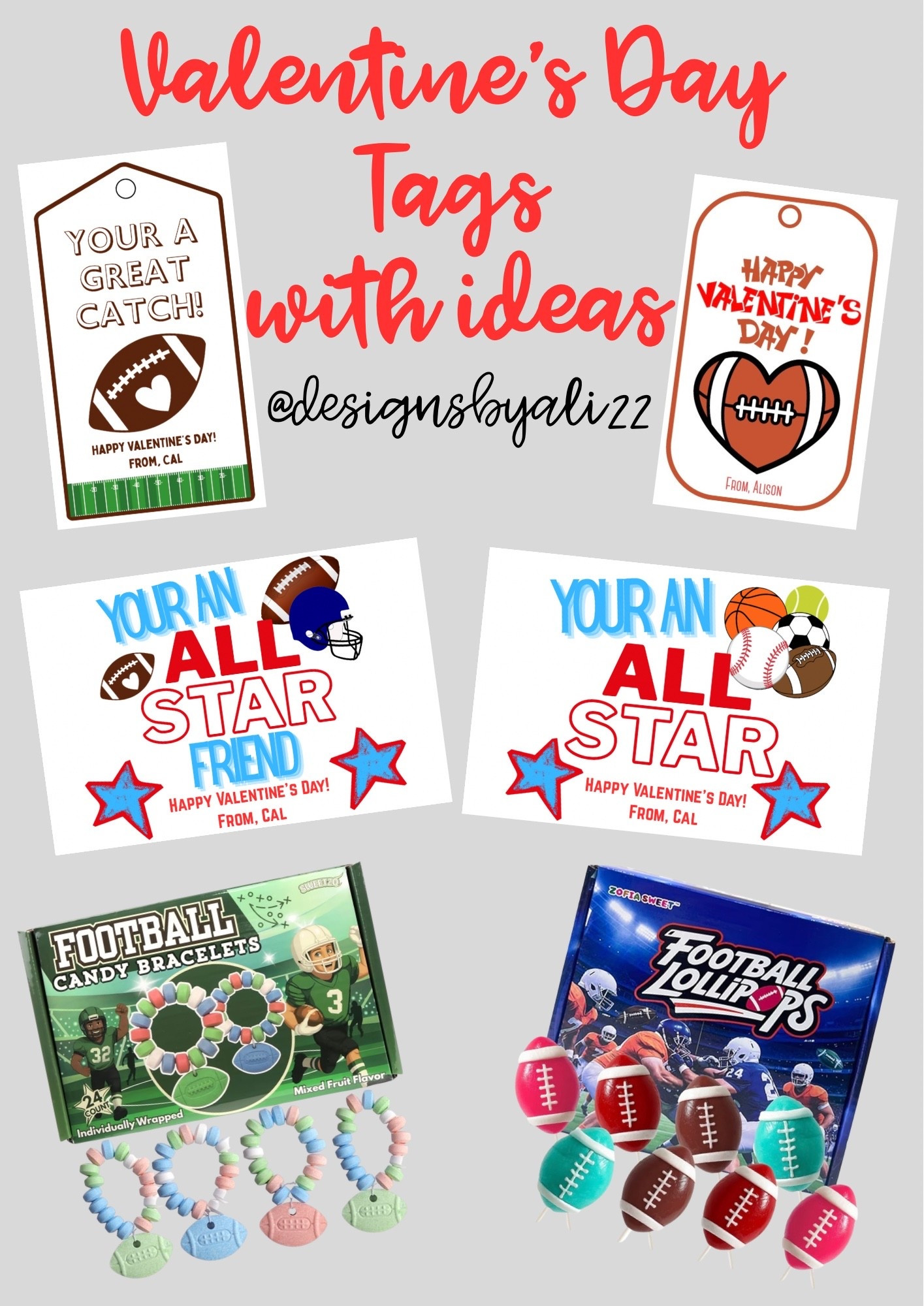 Valentine’s Day Tags (made by me) with fun ideas to pair them with for your football loving boy!  I can email you the PDF file for $2.00 for a tag if you want one, be sure to reach out!🏈❤️
#designsbyali22 #valentinesday #valentinesboyideas #football #sports #kids #boys #salealert


#LTKValentine #LTKKids #LTKSeasonal