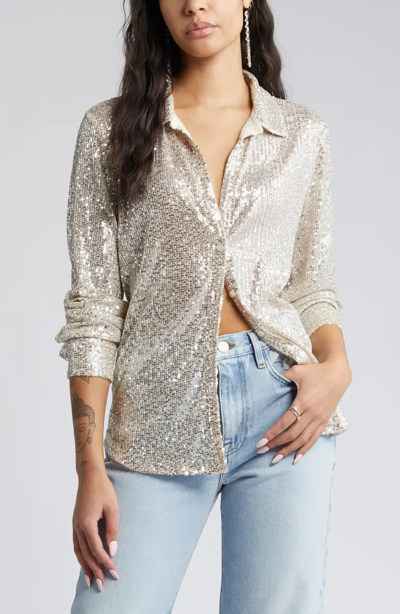 Open Edit Sequin Button-Up Shirt | Nordstrom | Nordstrom