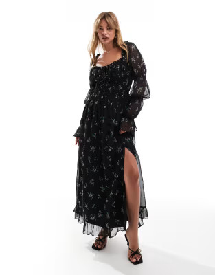 ASOS DESIGN milkmaid long sleeve shirred waist midaxi dress in floral print | ASOS (Global)