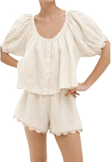 VAOYIU Womens Gingham Two Piece Summer Set Linen Outfit with Scalloped Hem Puff Sleeve Round Neck... | Amazon (US)