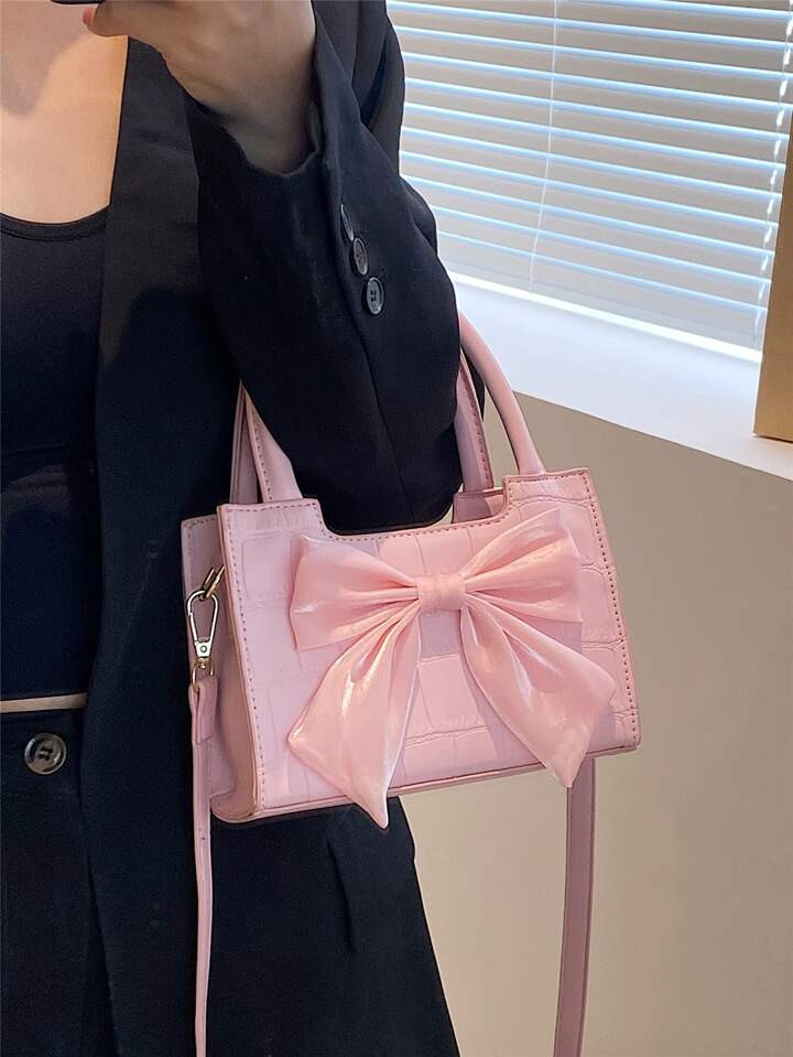 1pc Mini Fashionable Clutch Bag With Bow Accent, High-Quality Embossed Crocodile Pattern, Women Handbag For Daily Use | SHEIN