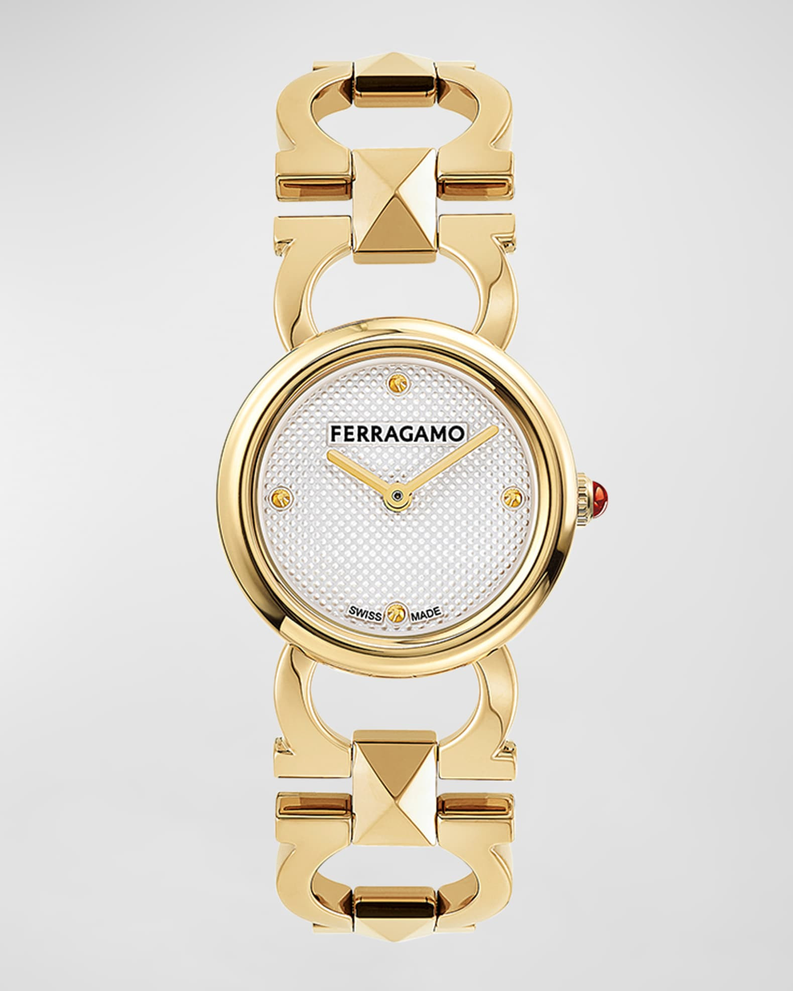 25mm Double Gancini Stud Watch with Silver Dial, Yellow Gold | Neiman Marcus