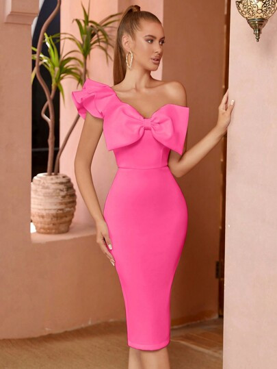 ADYCE Vestido de vendaje de cuello asimétrico con lazo grande delantero ribete con fruncido | SHEIN