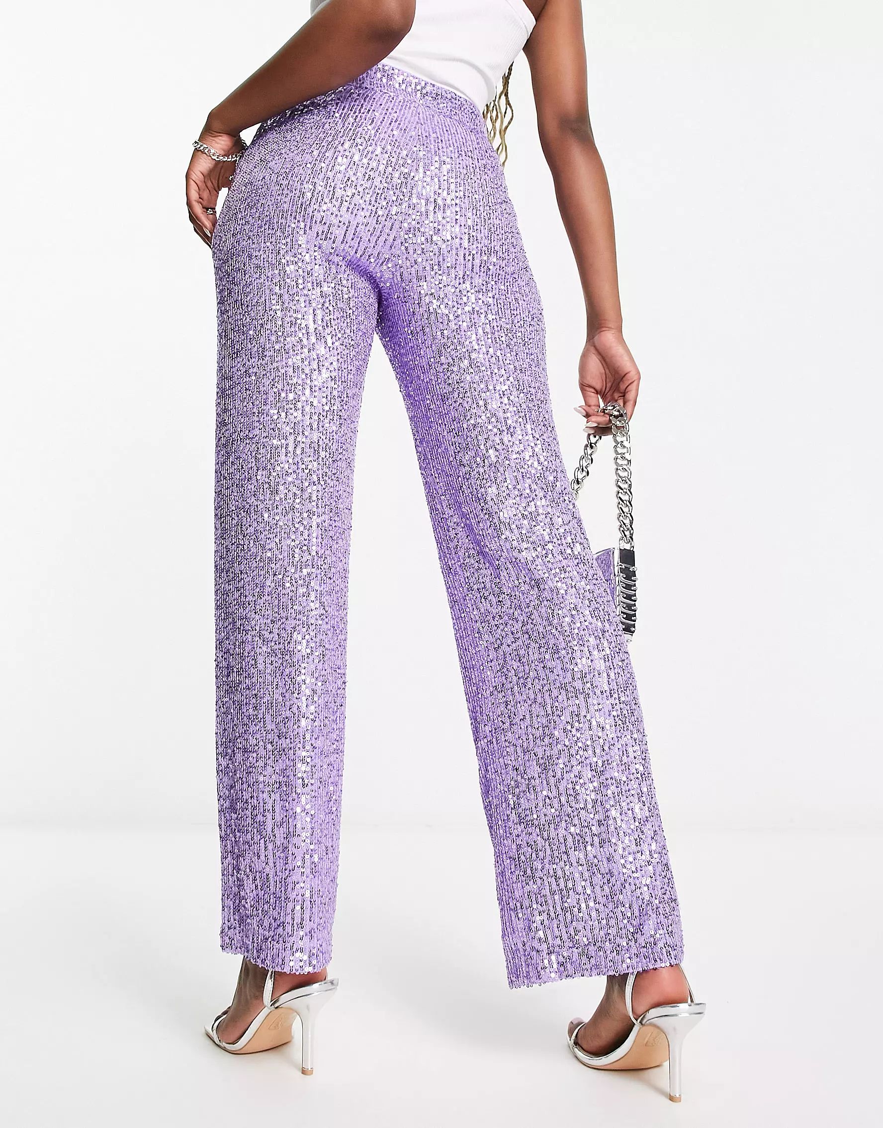 ASOS DESIGN straight sequin ankle grazer trousers in purple | ASOS (Global)