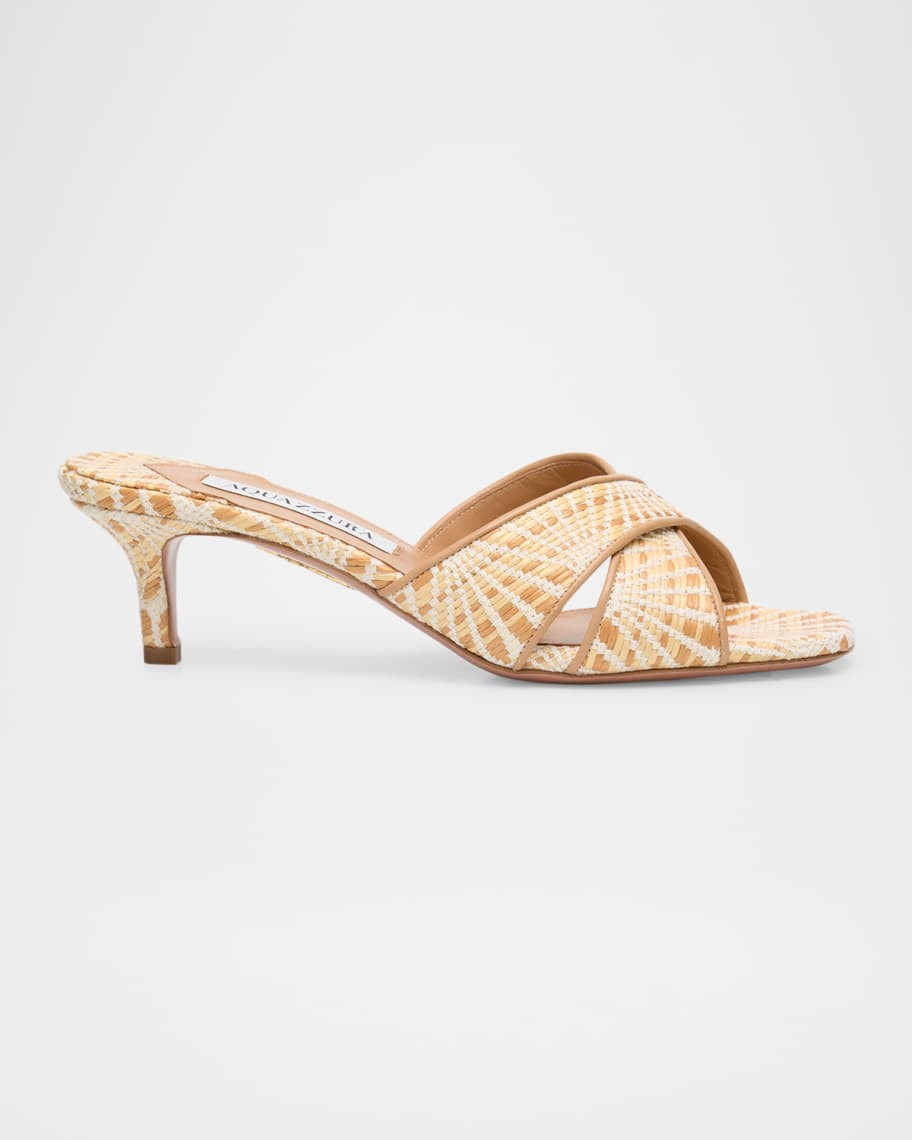 Bicolor Raffia Crisscross Slide Sandals | Neiman Marcus