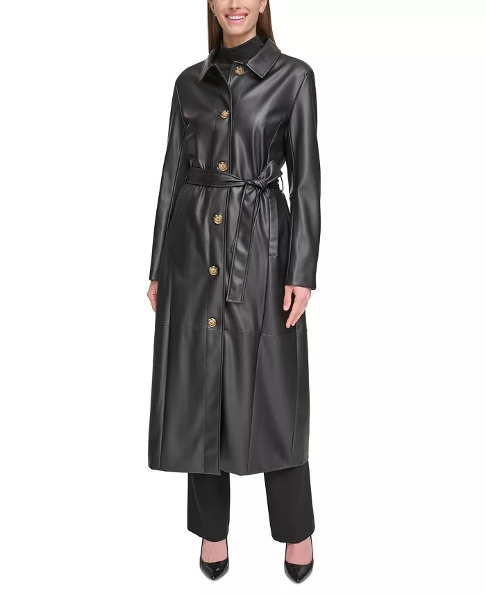 Women's Belted Faux-Leather Trench Coat | Macy's