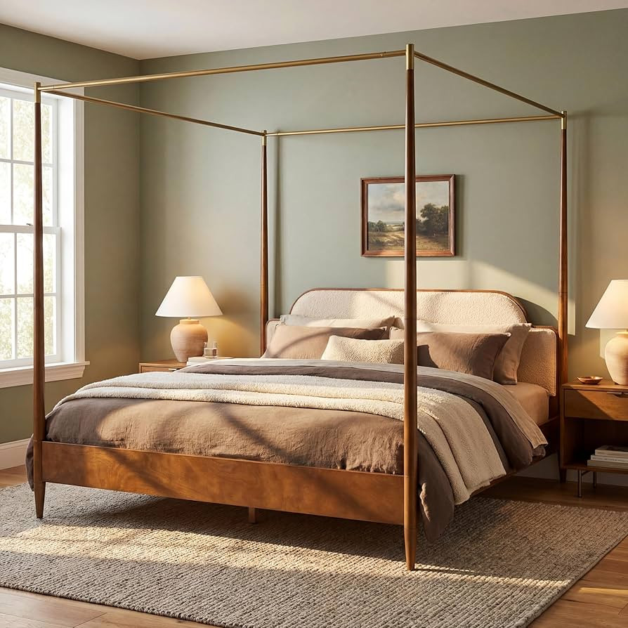 Merax King Size Fleece Fabric Upholstered Canopy Bed Frame, Vintage Four Poster Platform Bed with... | Amazon (US)