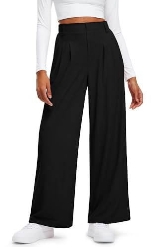 Libin Women's Wide Leg Pants 27" High Waisted Waffle Knit Casual Slacks Work Dress Pants Business Palazzo Trousers with Pockets, Black, 2XL | Amazon (US)