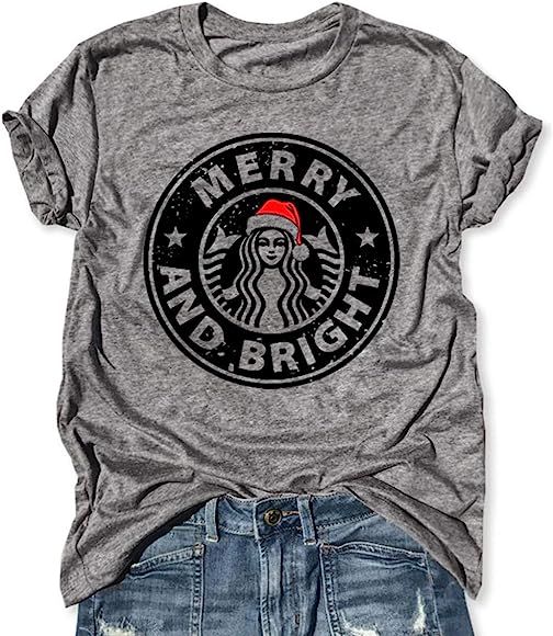 Merry and Bright Funny Christmas Coffee T Shirt Short Sleeve Letter Print Shirts Round Neck Loose... | Amazon (US)