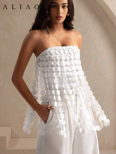 Aliao Laser Cut Multi-Circle Tassel Spaghetti Strap Top, Detachable Straps | SHEIN