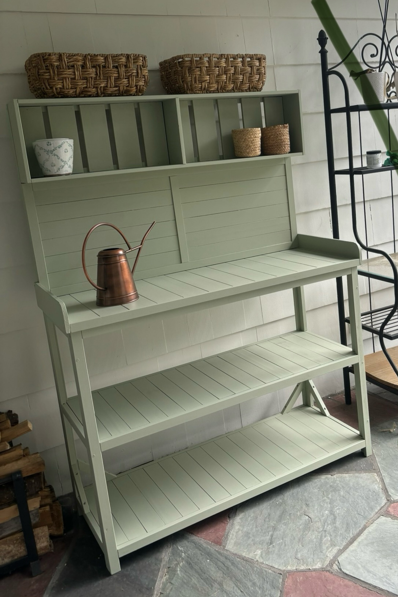 Potting station with fresh coat of paint! ( painted farrow and ball Vert de terre) 