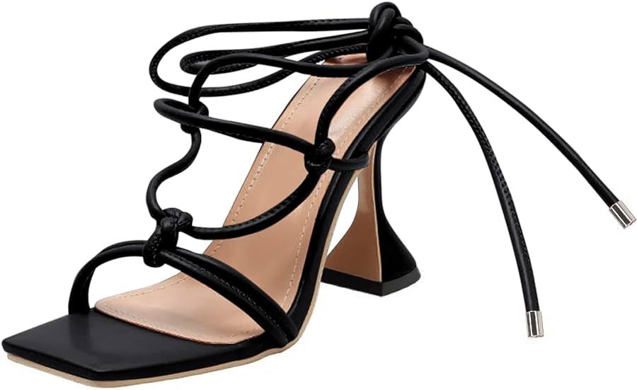 Coutgo Strappy Heels for Women, Lace Up Square Open Toe Dress Sandals, Stiletto Heeled for Summer... | Amazon (US)