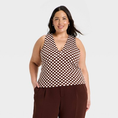 Women's V-Neck Tank Top - A New Day™ Brown/Cream Dot 3X | Target