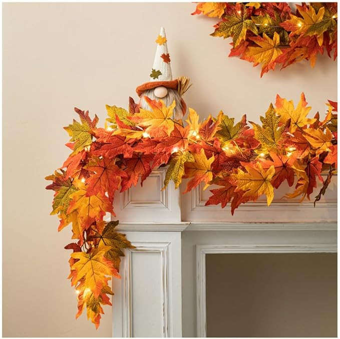Glitzhome 6 ft Fall Maple Leaves Garland, Lighted Autumn Garlands with Timer Hanging Decoration f... | Amazon (US)