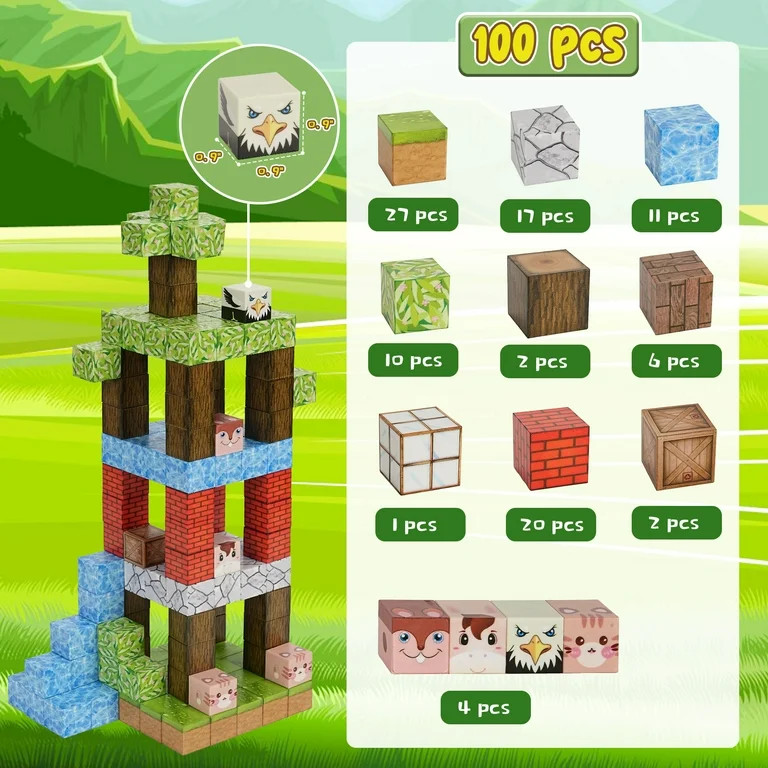 100PCS Magnetic Blocks-Build Mine Magnet World Set for Boys & Girls Age 3-5 6-8, Sensory Toys for... | Walmart (US)