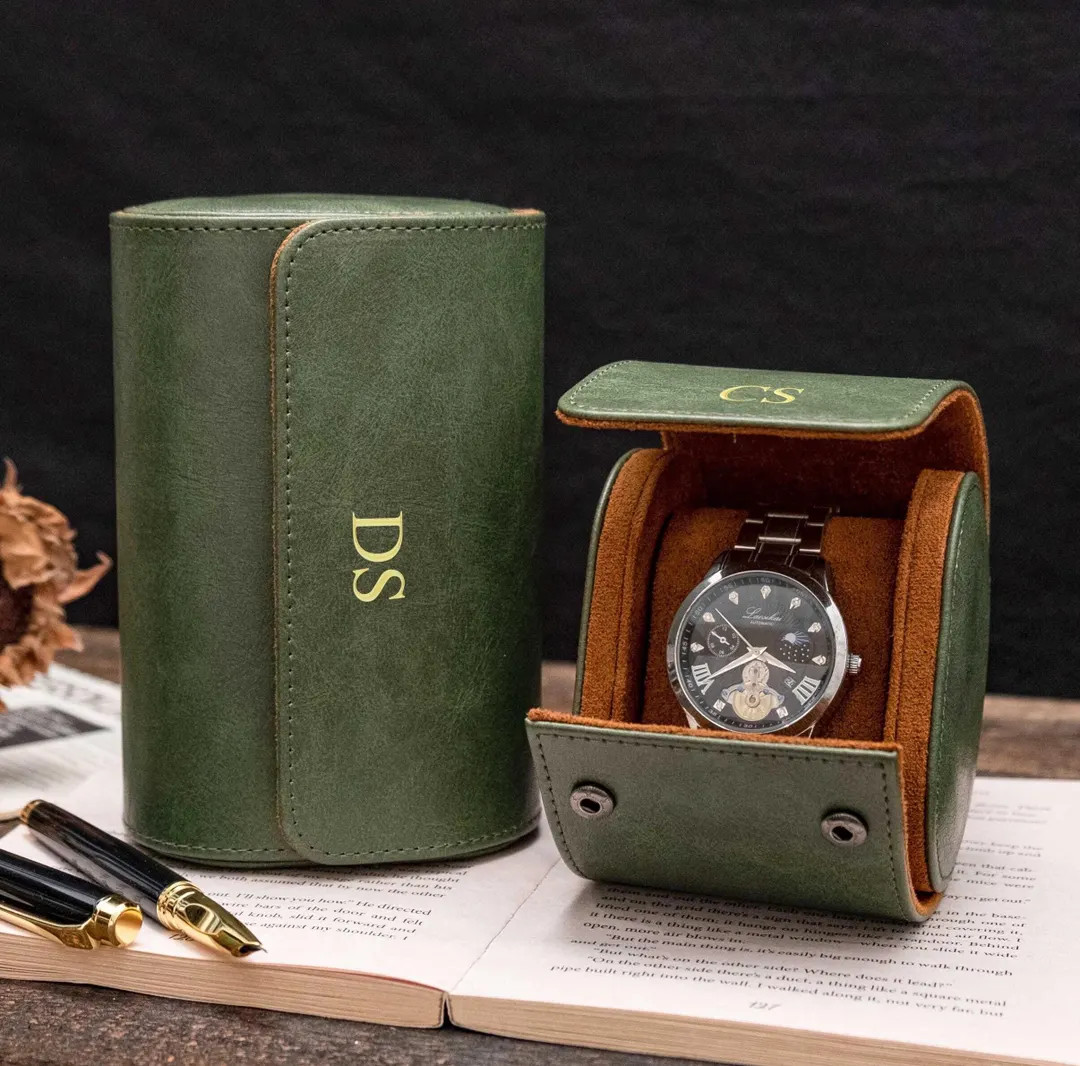 Personalized Leather Watch Box, Green Leather Watch Case, Watch Roll for 3 Watches, Wedding Groom... | Etsy (US)