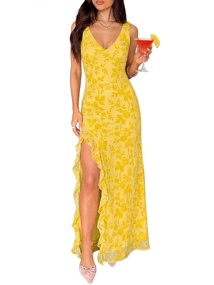 ANRABESS Womens Sexy V Neck Sleeveless Wedding Guest Dresses Spring Mesh Bodycon High Slit Ruffle... | Amazon (US)