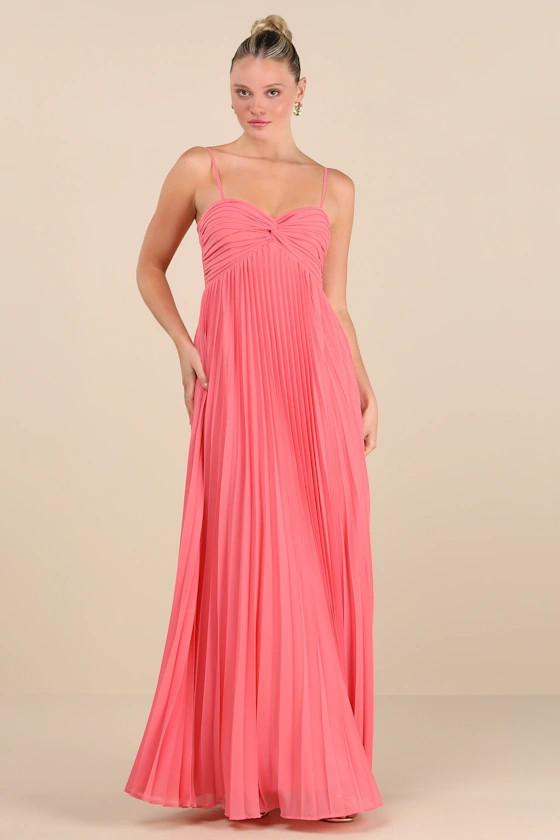 Jolette Coral Pink Pleated Knot-Front Maxi Dress | Lulus