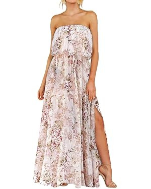 Dokotoo Womens Strapless Dresses Casual Summer High Waist Side Split Flowy Boho Maxi Dress | Amazon (US)