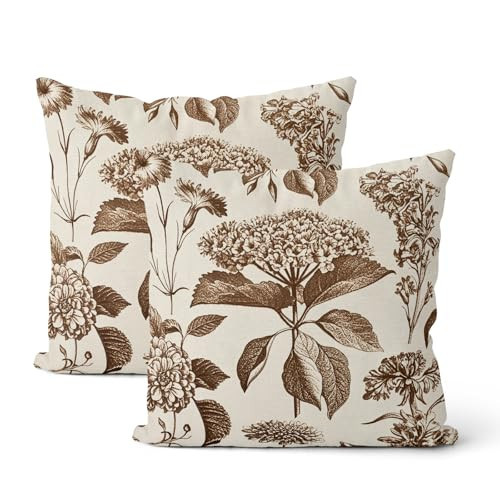 DAFENA Brown Pillow Covers 18x18 Inch 2 Pcs Boho Vintage Floral Decor Throw Pillows Hydrangea Flower Seasonal Outdoor Farmhouse Neutral Accent Decoration Pillowcase Linen Cushion Cover for Couch | Amazon (US)