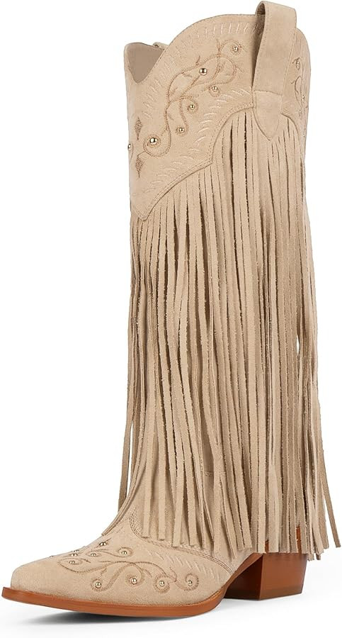 Modatope Cowboy Boots for Women Fringe Knee High Boots Embroidered Cowgirl Western Pointed Toe Ch... | Amazon (US)