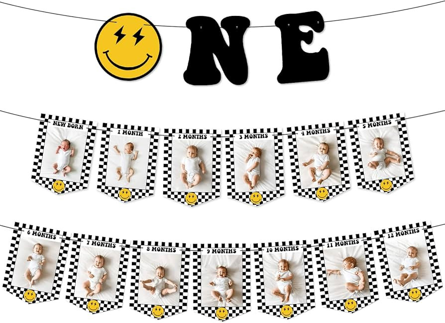 Sinasasspel One Happy Dude Birthday Decoration First Birthday Photo Banner 12 Months Photo Displa... | Amazon (US)